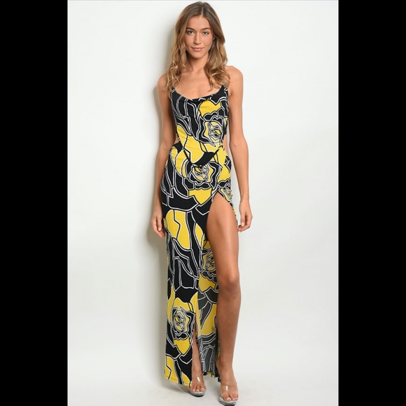 Dresses & Skirts - Black & Yellow Floral Slit Dress